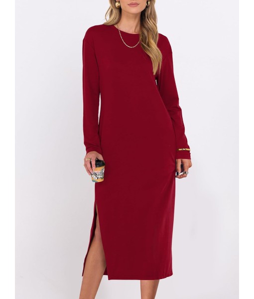 ANRABESS Long Sleeve Midi Dresses for Women Fall Fashion Casual Vacation Crewneck Loose Split Striped Long Tshirts Dress