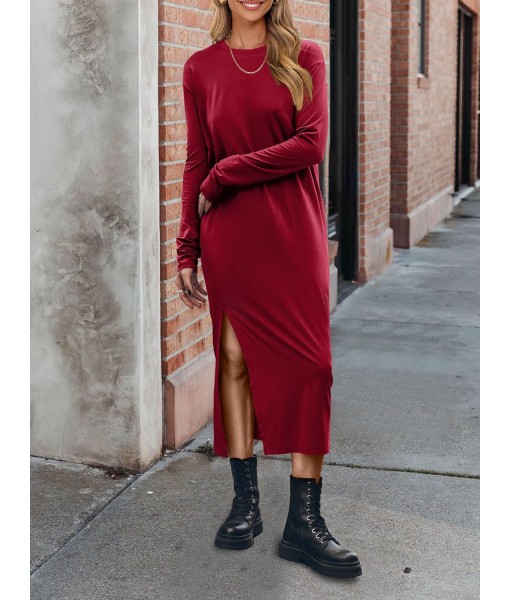 ANRABESS Long Sleeve Midi Dresses for Women Fall Fashion Casual Vacation Crewneck Loose Split Striped Long Tshirts Dress
