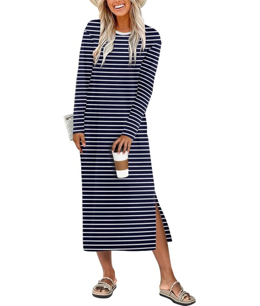 ANRABESS Long Sleeve Midi Dresses for Women Fall Fashion Casual Vacation Crewneck Loose Split Striped Long Tshirts Dress