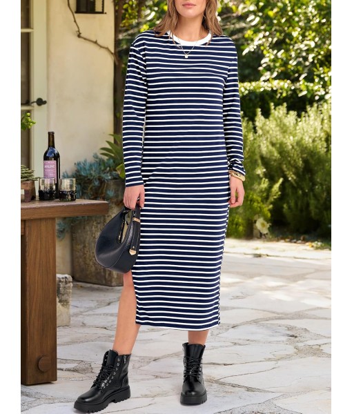 ANRABESS Long Sleeve Midi Dresses for Women Fall Fashion Casual Vacation Crewneck Loose Split Striped Long Tshirts Dress