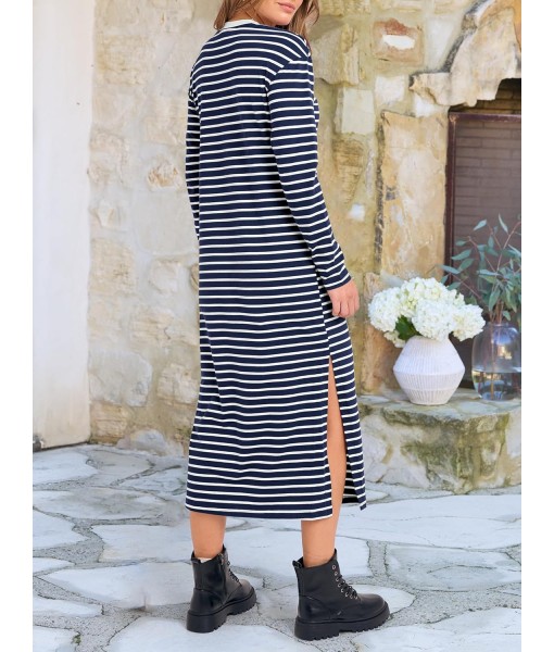 ANRABESS Long Sleeve Midi Dresses for Women Fall Fashion Casual Vacation Crewneck Loose Split Striped Long Tshirts Dress