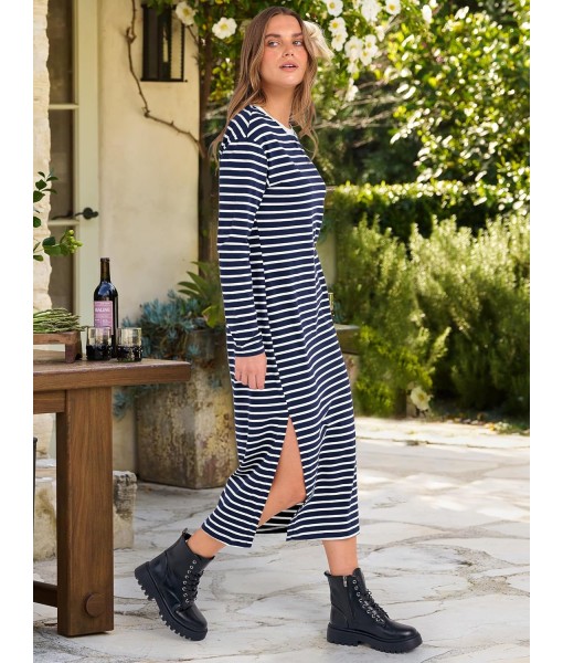 ANRABESS Long Sleeve Midi Dresses for Women Fall Fashion Casual Vacation Crewneck Loose Split Striped Long Tshirts Dress