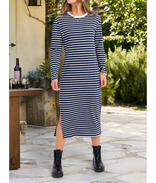 ANRABESS Long Sleeve Midi Dresses for Women Fall Fashion Casual Vacation Crewneck Loose Split Striped Long Tshirts Dress