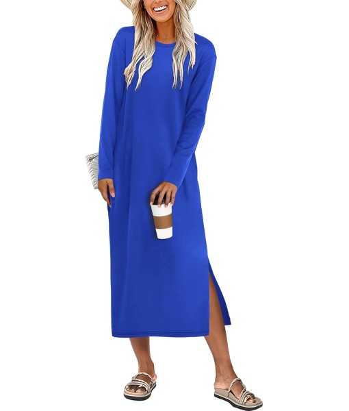 ANRABESS Long Sleeve Midi Dresses for Women Fall Fashion Casual Vacation Crewneck Loose Split Striped Long Tshirts Dress