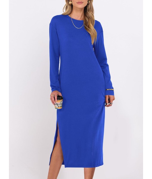 ANRABESS Long Sleeve Midi Dresses for Women Fall Fashion Casual Vacation Crewneck Loose Split Striped Long Tshirts Dress