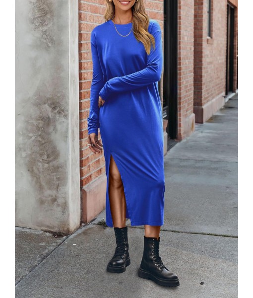 ANRABESS Long Sleeve Midi Dresses for Women Fall Fashion Casual Vacation Crewneck Loose Split Striped Long Tshirts Dress