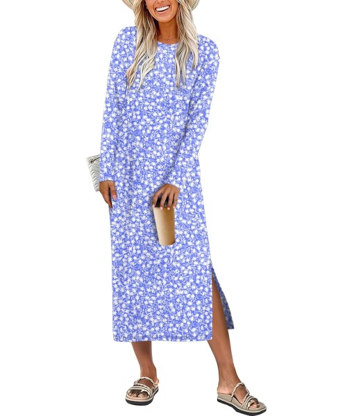 ANRABESS Long Sleeve Midi Dresses for Women Fall Fashion Casual Vacation Crewneck Loose Split Striped Long Tshirts Dress