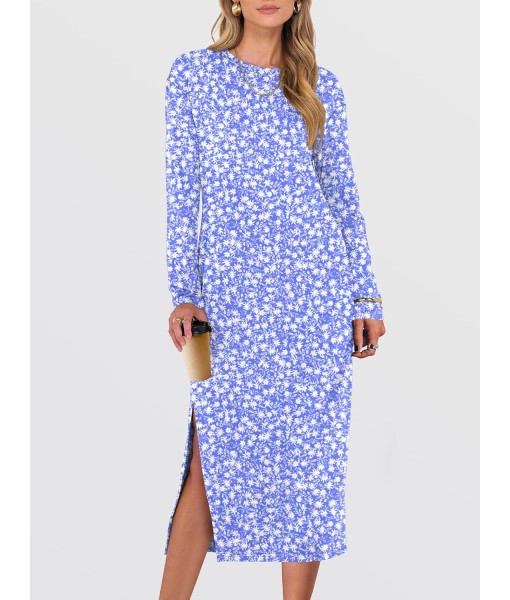 ANRABESS Long Sleeve Midi Dresses for Women Fall Fashion Casual Vacation Crewneck Loose Split Striped Long Tshirts Dress