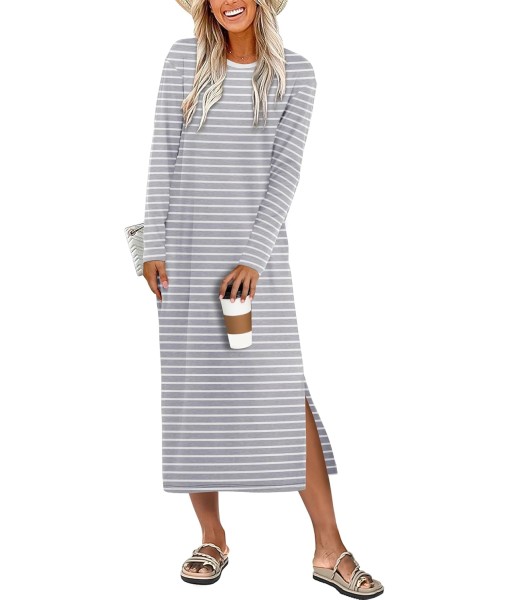 ANRABESS Long Sleeve Midi Dresses for Women Fall Fashion Casual Vacation Crewneck Loose Split Striped Long Tshirts Dress