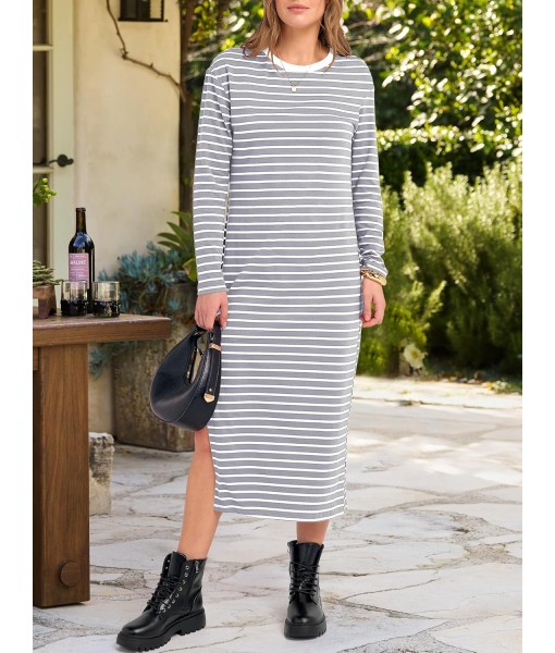ANRABESS Long Sleeve Midi Dresses for Women Fall Fashion Casual Vacation Crewneck Loose Split Striped Long Tshirts Dress