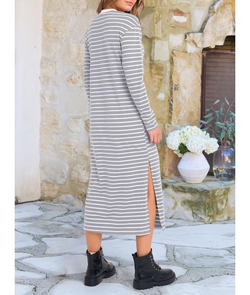 ANRABESS Long Sleeve Midi Dresses for Women Fall Fashion Casual Vacation Crewneck Loose Split Striped Long Tshirts Dress