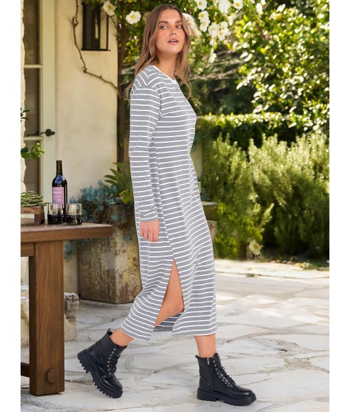 ANRABESS Long Sleeve Midi Dresses for Women Fall Fashion Casual Vacation Crewneck Loose Split Striped Long Tshirts Dress