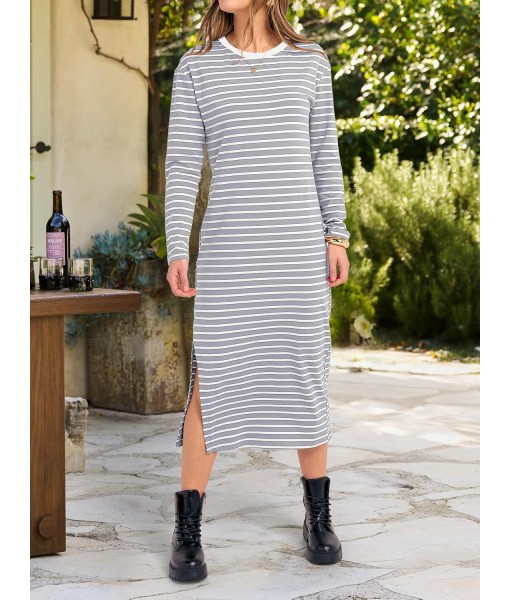 ANRABESS Long Sleeve Midi Dresses for Women Fall Fashion Casual Vacation Crewneck Loose Split Striped Long Tshirts Dress