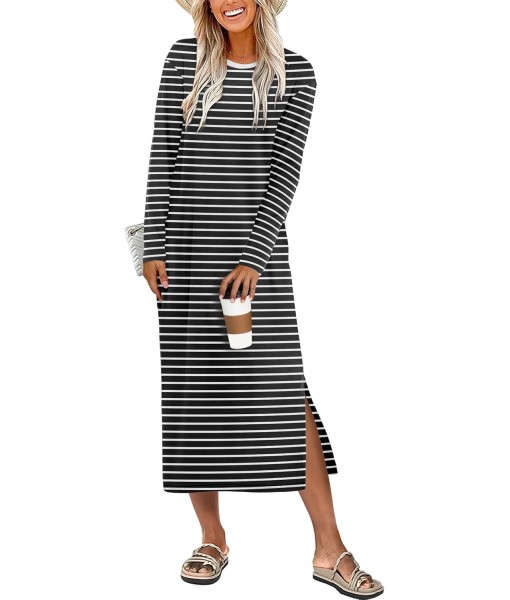 ANRABESS Long Sleeve Midi Dresses for Women Fall Fashion Casual Vacation Crewneck Loose Split Striped Long Tshirts Dress