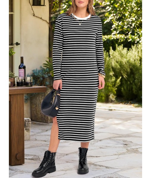 ANRABESS Long Sleeve Midi Dresses for Women Fall Fashion Casual Vacation Crewneck Loose Split Striped Long Tshirts Dress
