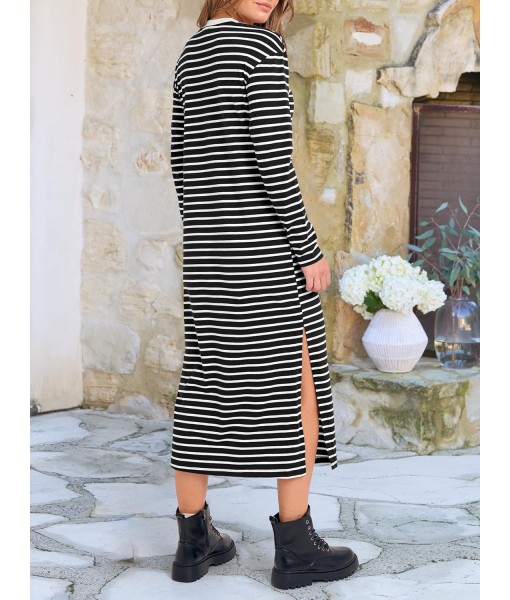 ANRABESS Long Sleeve Midi Dresses for Women Fall Fashion Casual Vacation Crewneck Loose Split Striped Long Tshirts Dress
