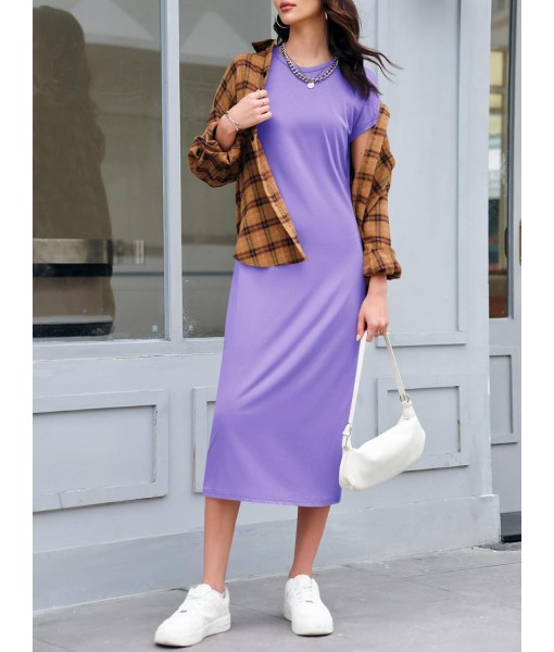 Wenrine Women's Short Sleeve T-Shirt Dress Summer Crew Neck Basic Solid Casual Long Midi Dresses
