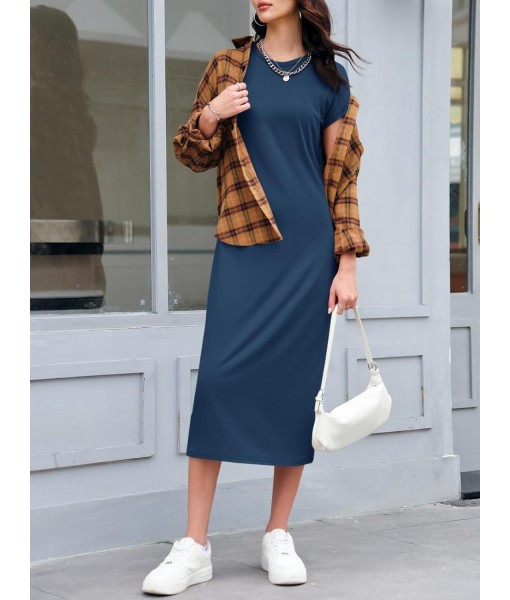 Wenrine Women's Short Sleeve T-Shirt Dress Summer Crew Neck Basic Solid Casual Long Midi Dresses
