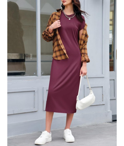 Wenrine Women's Short Sleeve T-Shirt Dress Summer Crew Neck Basic Solid Casual Long Midi Dresses