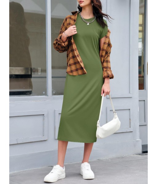 Wenrine Women's Short Sleeve T-Shirt Dress Summer Crew Neck Basic Solid Casual Long Midi Dresses