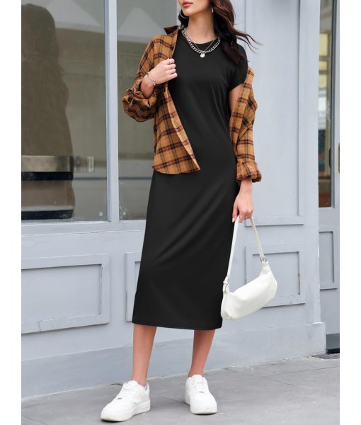 Wenrine Women's Short Sleeve T-Shirt Dress Summer Crew Neck Basic Solid Casual Long Midi Dresses