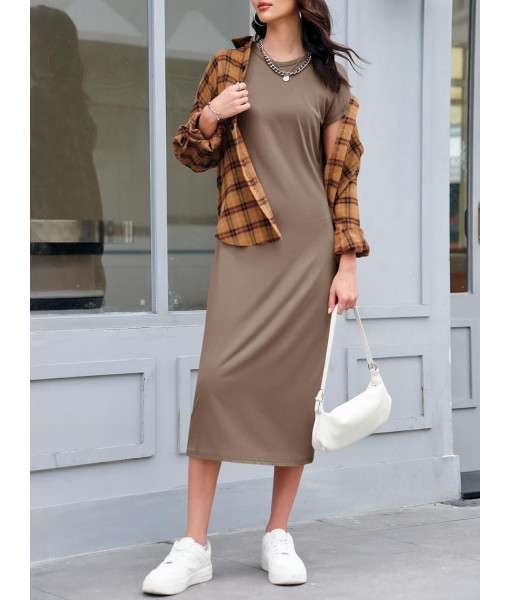 Wenrine Women's Short Sleeve T-Shirt Dress Summer Crew Neck Basic Solid Casual Long Midi Dresses