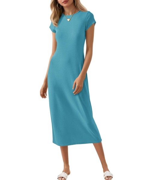 Wenrine Women's Short Sleeve T-Shirt Dress Summer Crew Neck Basic Solid Casual Long Midi Dresses