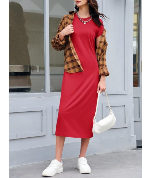 Wenrine Women's Short Sleeve T-Shirt Dress Summer Crew Neck Basic Solid Casual Long Midi Dresses