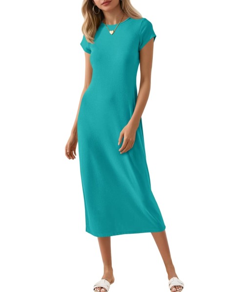 Wenrine Women's Short Sleeve T-Shirt Dress Summer Crew Neck Basic Solid Casual Long Midi Dresses