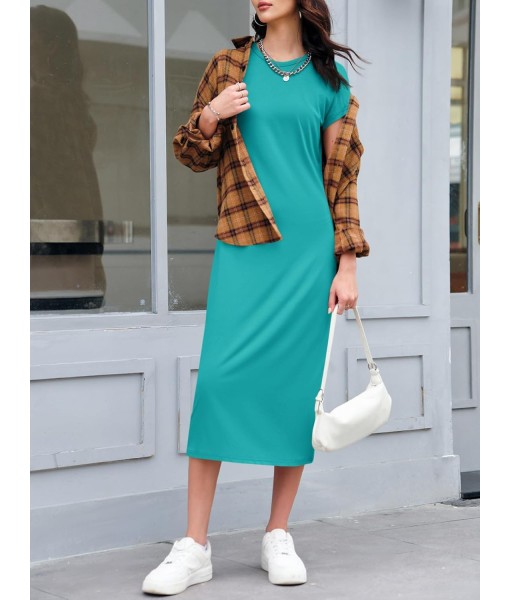 Wenrine Women's Short Sleeve T-Shirt Dress Summer Crew Neck Basic Solid Casual Long Midi Dresses