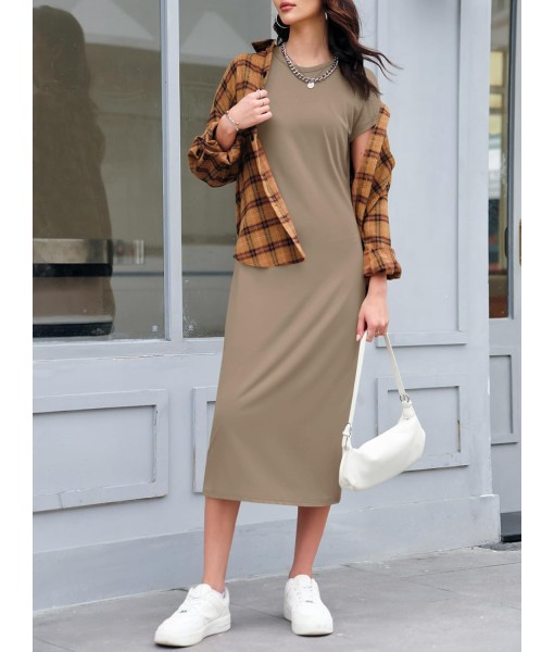Wenrine Women's Short Sleeve T-Shirt Dress Summer Crew Neck Basic Solid Casual Long Midi Dresses