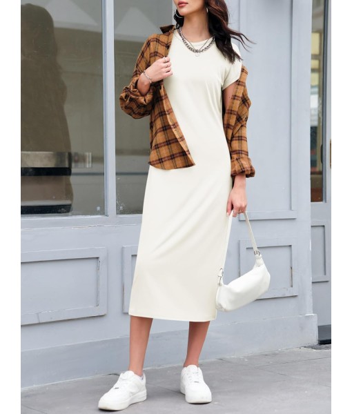 Wenrine Women's Short Sleeve T-Shirt Dress Summer Crew Neck Basic Solid Casual Long Midi Dresses