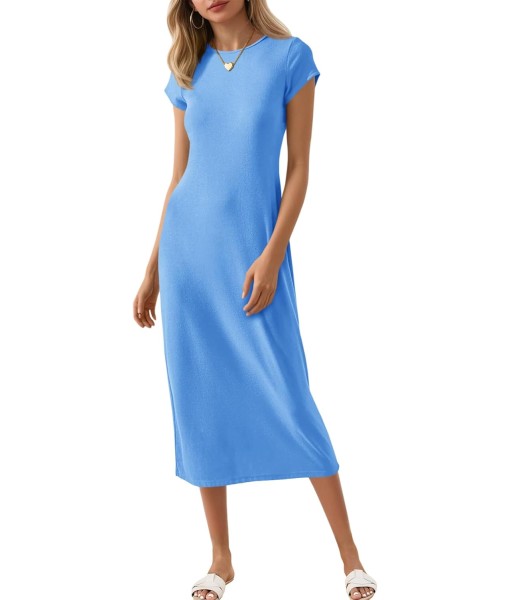 Wenrine Women's Short Sleeve T-Shirt Dress Summer Crew Neck Basic Solid Casual Long Midi Dresses