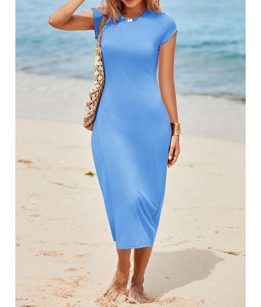 Wenrine Women's Short Sleeve T-Shirt Dress Summer Crew Neck Basic Solid Casual Long Midi Dresses