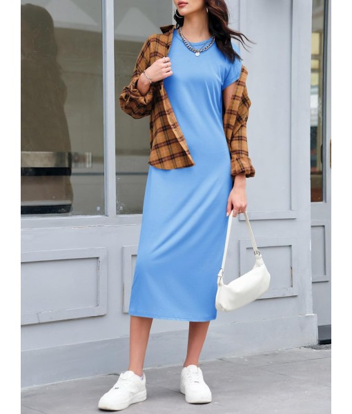 Wenrine Women's Short Sleeve T-Shirt Dress Summer Crew Neck Basic Solid Casual Long Midi Dresses