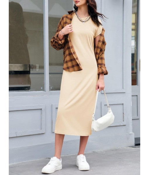 Wenrine Women's Short Sleeve T-Shirt Dress Summer Crew Neck Basic Solid Casual Long Midi Dresses