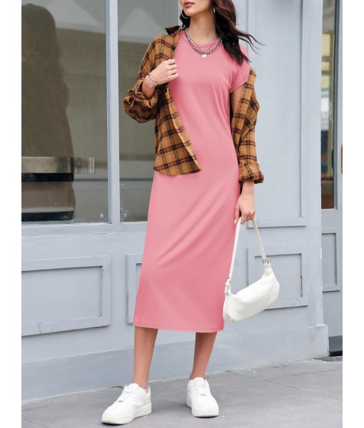 Wenrine Women's Short Sleeve T-Shirt Dress Summer Crew Neck Basic Solid Casual Long Midi Dresses
