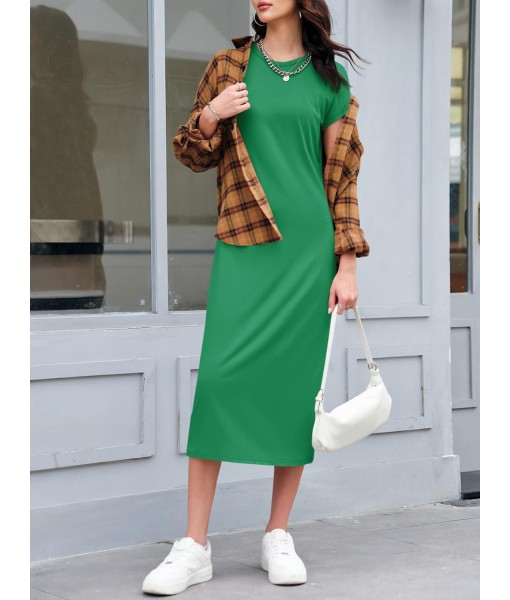 Wenrine Women's Short Sleeve T-Shirt Dress Summer Crew Neck Basic Solid Casual Long Midi Dresses