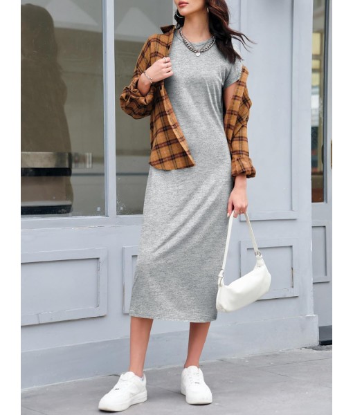 Wenrine Women's Short Sleeve T-Shirt Dress Summer Crew Neck Basic Solid Casual Long Midi Dresses