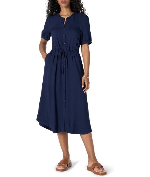 Amazon Essentials Women's Fit and Flare Half-Sleeve Waisted Midi A-Line Dress with Pockets