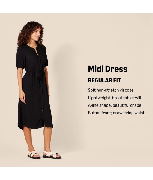 Amazon Essentials Women's Fit and Flare Half-Sleeve Waisted Midi A-Line Dress with Pockets