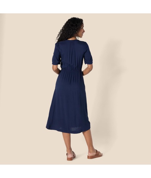 Amazon Essentials Women's Fit and Flare Half-Sleeve Waisted Midi A-Line Dress with Pockets