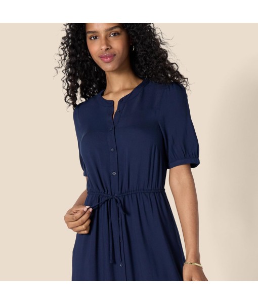 Amazon Essentials Women's Fit and Flare Half-Sleeve Waisted Midi A-Line Dress with Pockets