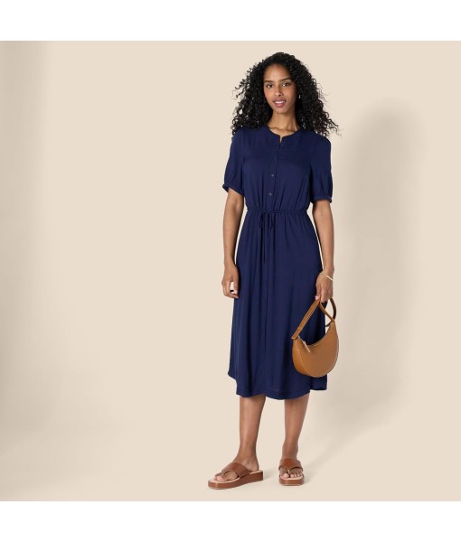 Amazon Essentials Women's Fit and Flare Half-Sleeve Waisted Midi A-Line Dress with Pockets