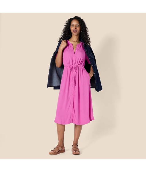 Amazon Essentials Women's Fit and Flare Half-Sleeve Waisted Midi A-Line Dress with Pockets