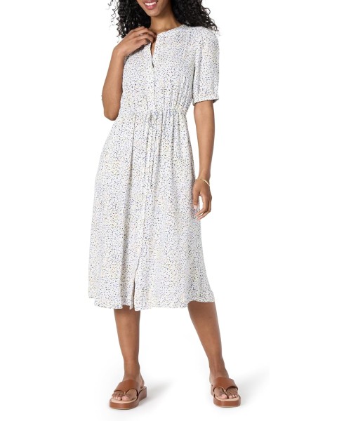 Amazon Essentials Women's Fit and Flare Half-Sleeve Waisted Midi A-Line Dress with Pockets