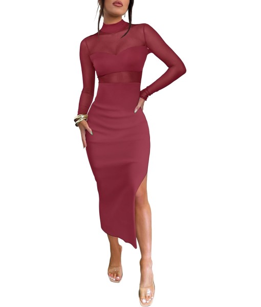 Caracilia Womens Mesh Dress Long Sleeve Mock Neck Bodycon Sheer Going Out Cocktail Night Club Midi Dresses 3 Piece Outfits