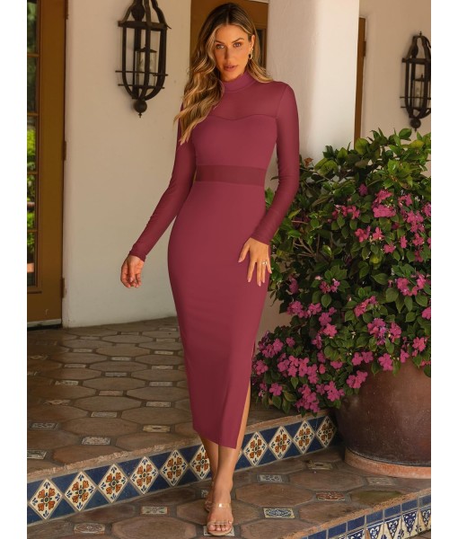 Caracilia Womens Mesh Dress Long Sleeve Mock Neck Bodycon Sheer Going Out Cocktail Night Club Midi Dresses 3 Piece Outfits