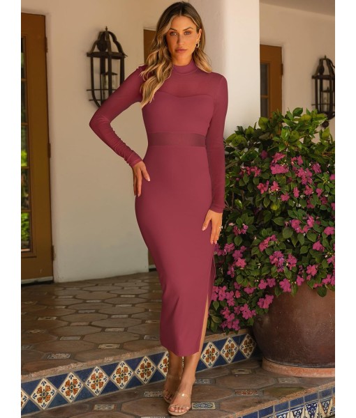 Caracilia Womens Mesh Dress Long Sleeve Mock Neck Bodycon Sheer Going Out Cocktail Night Club Midi Dresses 3 Piece Outfits