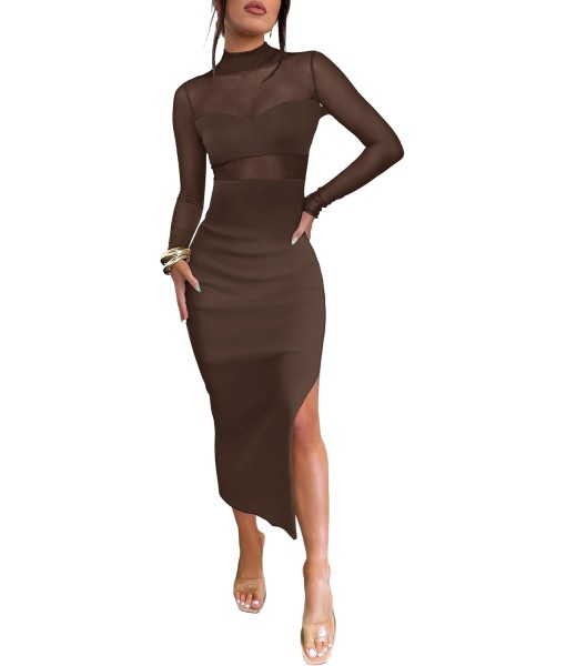 Caracilia Womens Mesh Dress Long Sleeve Mock Neck Bodycon Sheer Going Out Cocktail Night Club Midi Dresses 3 Piece Outfits